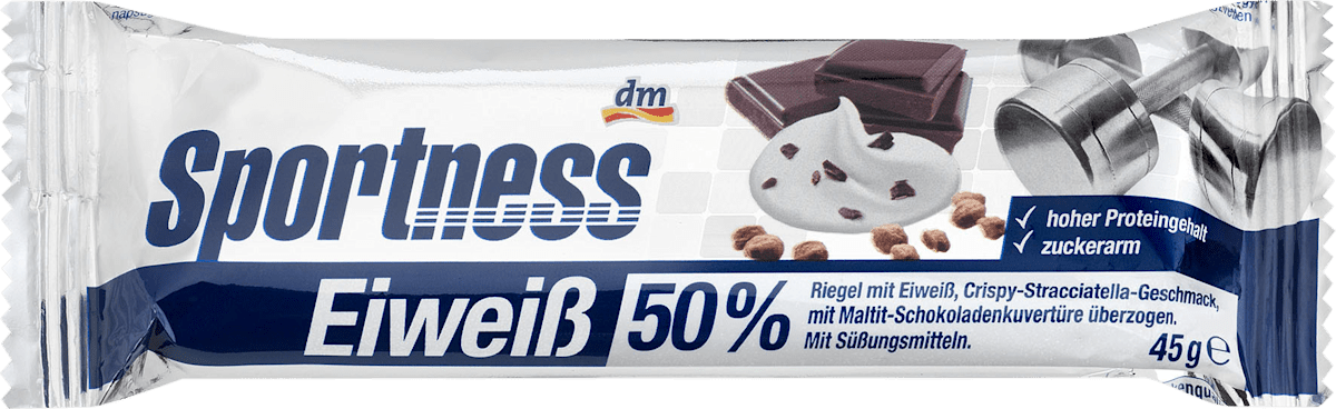 Sportness Eiweiss Riegel 50 Crispy Stracciatella Geschmack Mit Dunkler Maltit Schokoladenkuverture Uberzogen 45 G Dauerhaft Gunstig Online Kaufen Dm De