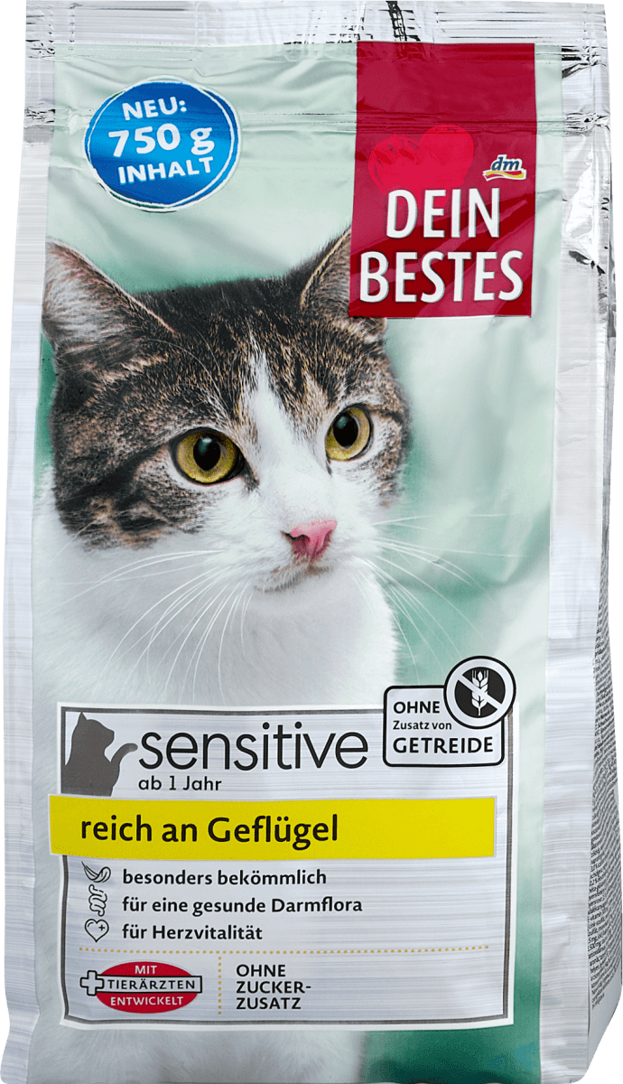 dein bestes sensitive katzen trockenfutter reich an geflugel 750 g dm at