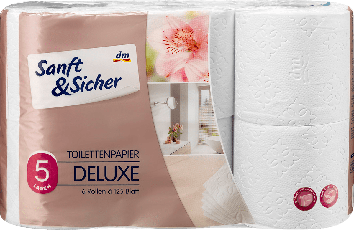 sanft sicher toilettenpapier deluxe 5 lagig 6 x 125 blatt 750 bl dauerhaft gunstig online kaufen dm de