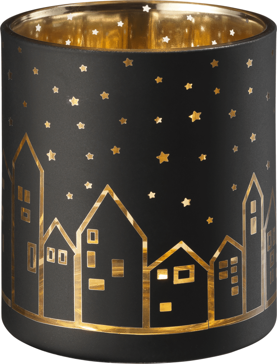 Glaskerzenhalter mit Häuserreihe schwarz-gold, 1 St
