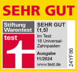 Grafik: Sehr gut Stiftung Warentest Test Sehr gut (1,5) Im Test: 18 Universal-Zahnpasten Ausgabe 11/2024 www.test.de 24YF86