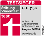 Grafik: Testsieger Stiftung Warentest test GUT (1,9) Im Test: 14 Gesichtcremes für trockene Haus Ausgabe 04/2024 www.test.de 24SQ40