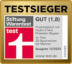 Grafik: Testsieger Stiftung Warentest test GUT (1,8) Produktvergleich mit Hydro 5 Skin Protection Regular Im Test: 20 Nassrasierer für Männer Ausgabe 12/2024 www.test.de 14HN80