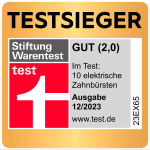 Grafik: Testsieger Stiftung Warentest test GUT (2,0) Im Test: 10 elektrische Zahnbürsten Ausgabe 12/2023 www.test.de 23EX65