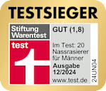 Grafik: Testsieger Stiftung Warentest test GUT (1,8) Im Test: 20 Nassrasierer für Männer Ausgabe 12/2024 www.test.de 24UN04