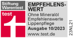 Grafik: Stiftung Warentest test EMPFEHLENSWERT Ohne Mineralöl Empfehlenswerte Lippenpflege Ausgabe 10/2023 www.test.de 23NL21