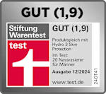 Grafik: GUT (1,9) Stiftung Warentest test GUT (1,9)  Produktvergleich mit Hydro3 Skin Protection Im Test: 20 Nassrasierer für Männer Ausgabe 12/2024 www.test.de 24OT41