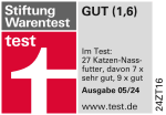 Grafik: Stiftung Warentest test GUT (1,9)  Im Test: 27 Katzen-Nassfutter, davon 7x sehr gut, 9x gut Ausgabe 05/2024 www.test.de 24ZT16