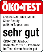 Grafik: Öko Test alverde Clear Beauty getönte Tagescreme sehr gut Öko-TEST Jahrbuch Kosmetik 2023, 19 Produkte im Test, davon 5x sehr gut