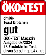 Grafik: Öko Test dmBio Toast Brötchen gut Öko-TEST Magazin Ausgabe 08/2024 18 Produkte im Test, davon 3x sehr gut, 4xgut