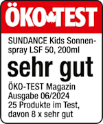 Grafik: Öko Test SUNDANCE Kids Sonnenspray LSF 50 sehr gut Öko-TEST Jahrbuch Kinder und Familie 12/24