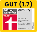 Grafik: gut (1,7) Stiftung Warentest test gut (1,7) Im Test: 26 Sonnenschutzmittel Ausgabe 7/2025 www.test.de  Lizenznummer 25CA80