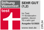 Grafik: Stiftung Warentest test SEHR GUT (1,2)  Im Test: 11 Kinderzahnpasten, davon 10x sehr gut Ausgabe 12/2023 www.test.de 23RL94
