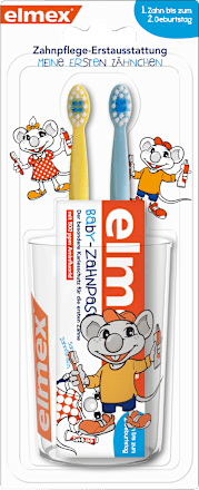 Elmex Baby Zahnpflegeset 2x Zahnburste Baby Zahncreme 20ml Und Becher 0 Bis 2 Jahre 1 St Dauerhaft Gunstig Online Kaufen Dm De