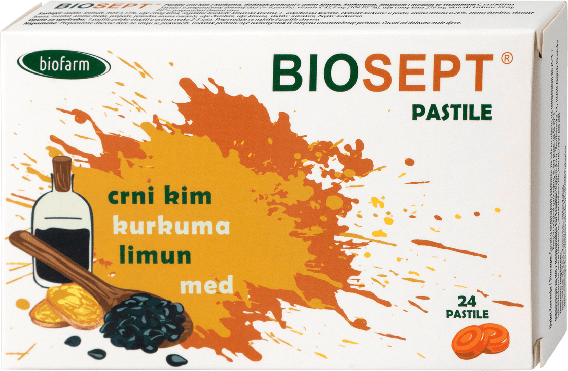 Biosept pastile za grlo - crni kim, kurkuma, limun i med