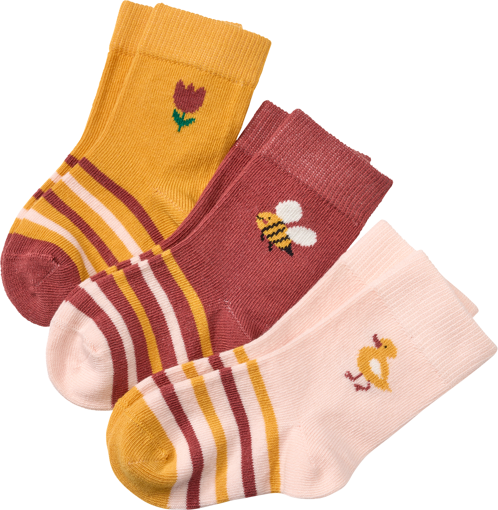 Socken mit Tier-Motiven, rosa + rot + gelb, Gr. 23/26