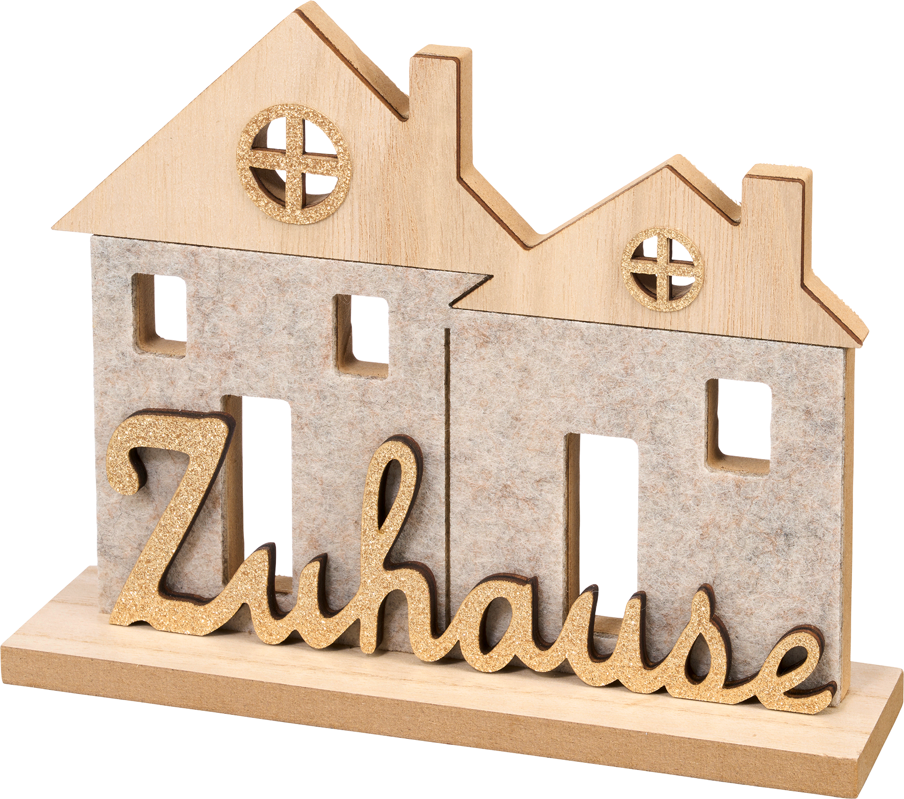 Holzaufsteller, Haus "Zuhause" mit Filzbezug, natur-beige-gold