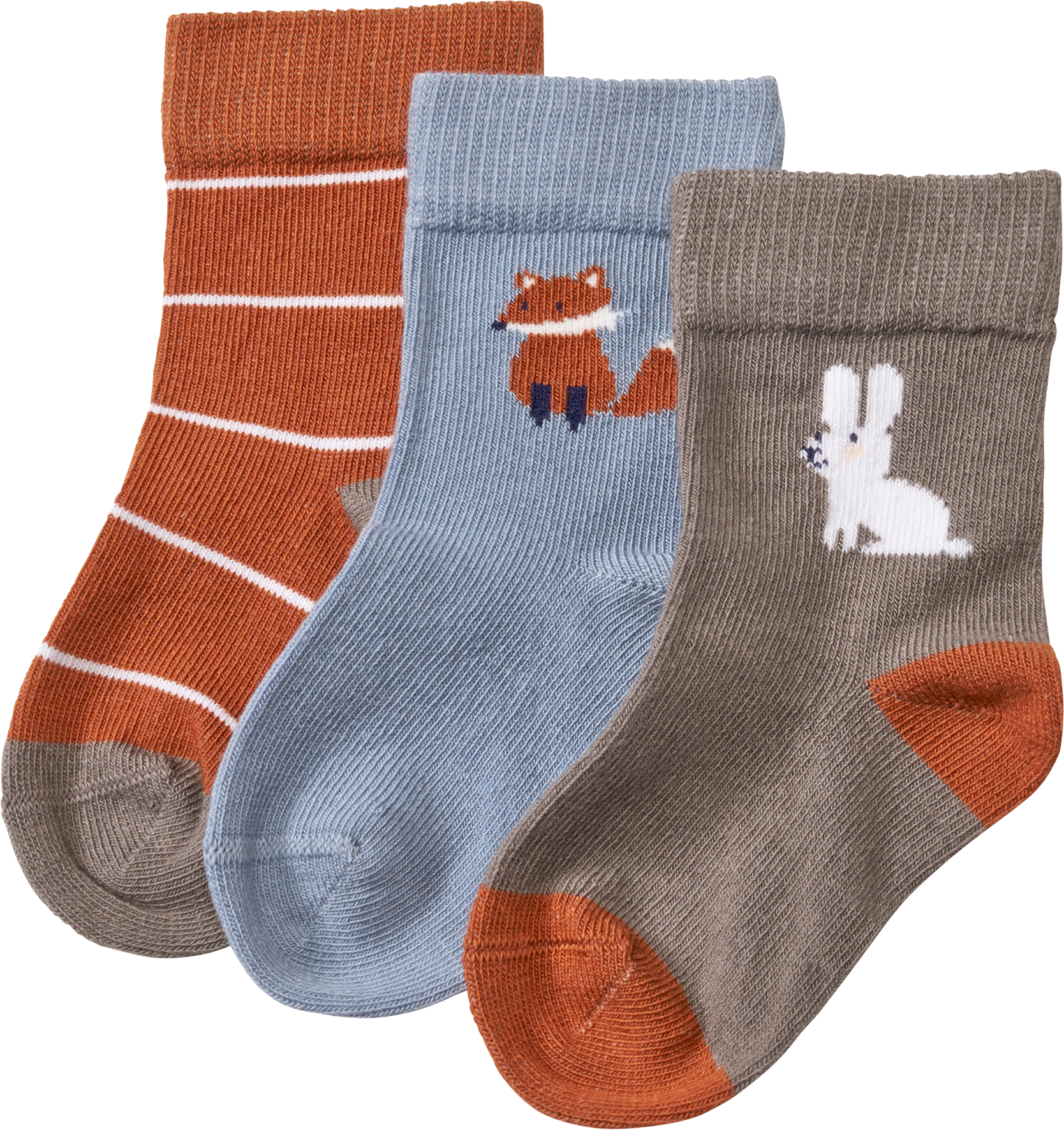 Socken mit Ringeln + Tier-Motiv, braun + blau, Gr. 19/22