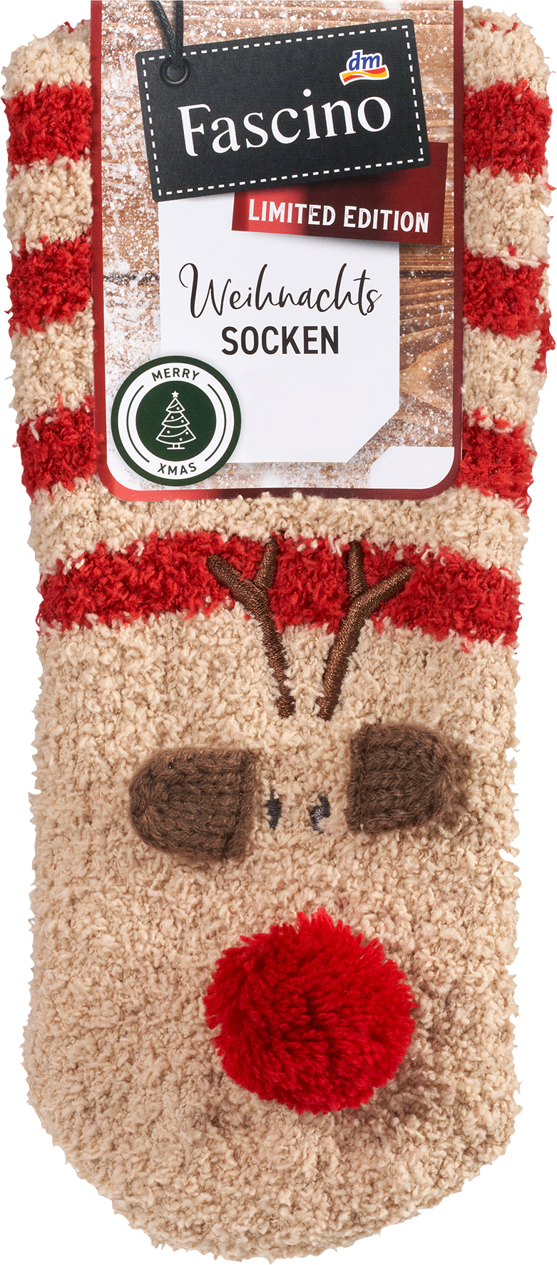Kuschelsocken mit Rentier-Motiv beige & rot Gr. 39-42