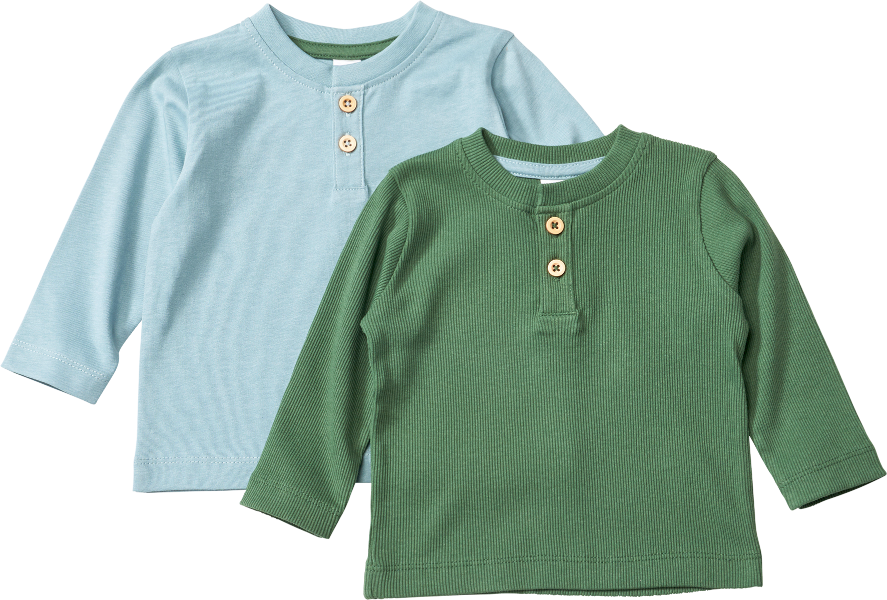 Langarmshirts mit Knopfleiste, blau + grün, Gr. 86