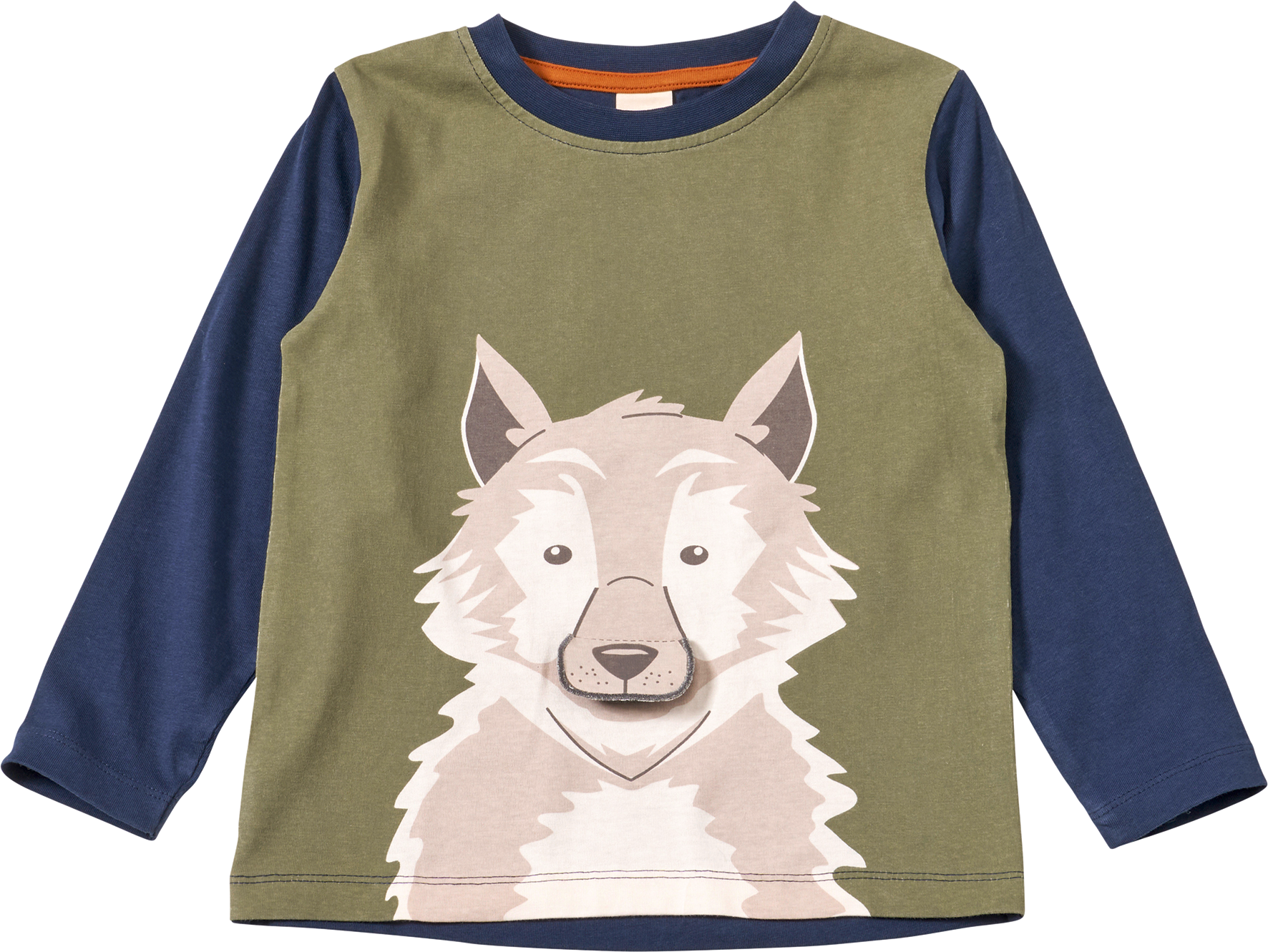 Langarmshirt mit Wolf-Applikation, grün & blau, Gr. 104
