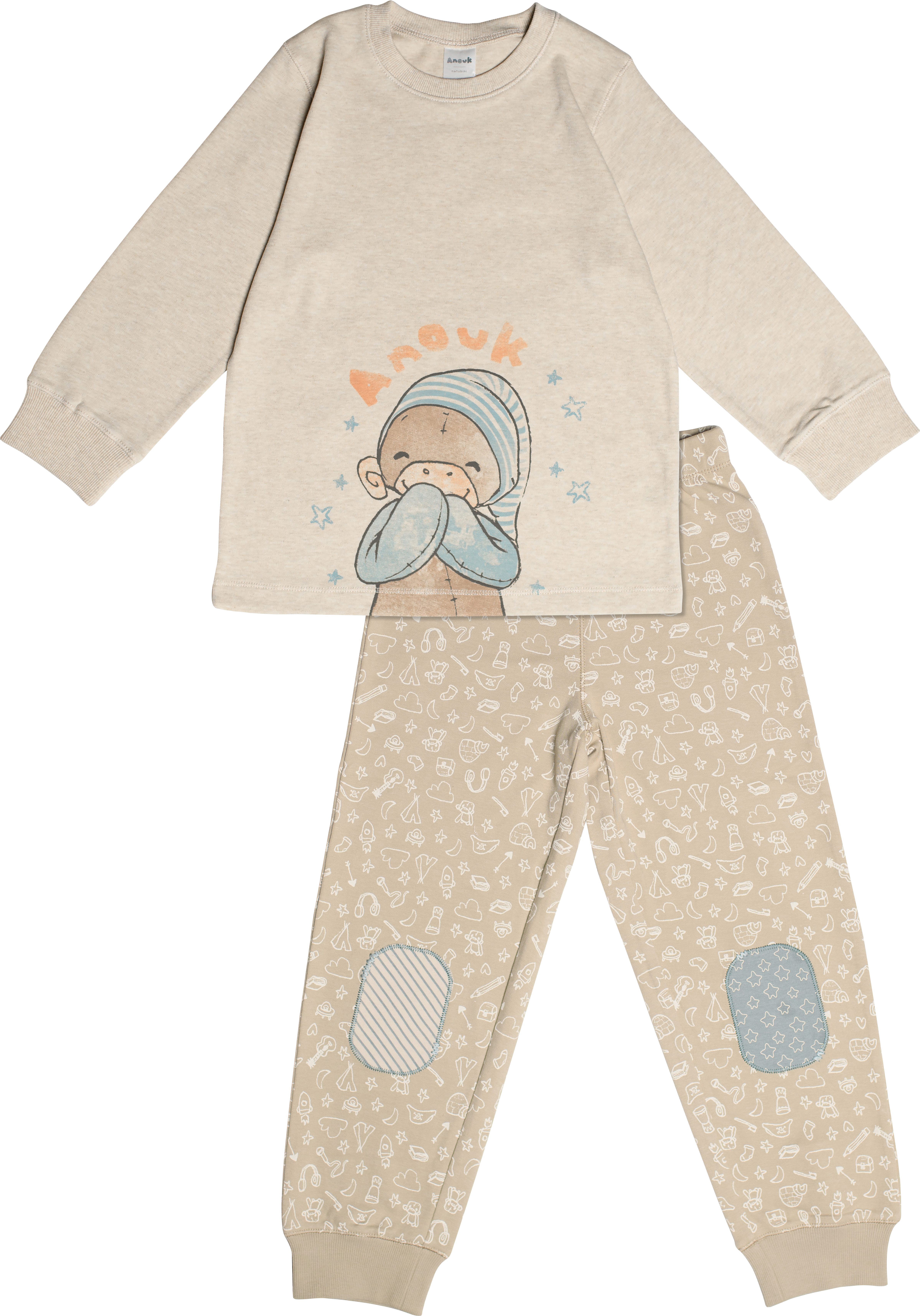 Anouk Schlafanzug mit Affi-Motiv & Knie-Patches, beige, Gr. 92